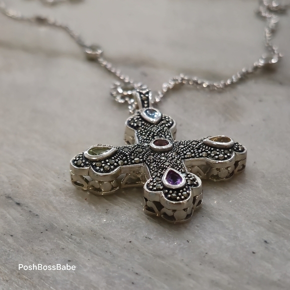Sterling Silver Marcasite Multi-Gemstone Cross Pendant Necklace – 30" Chain - Picture 5 of 15